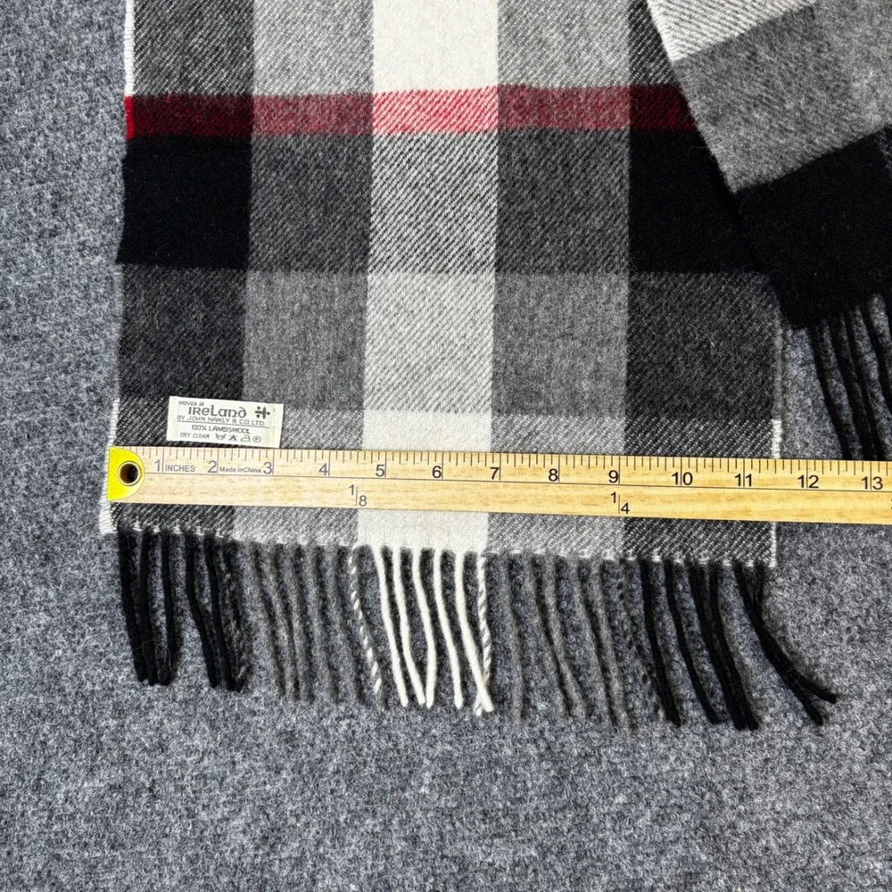 Ireland John Hanly Lambswool Plaid Scarf Black White Red Green Blue Fringe